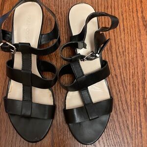 Black leather, Franco Sarto wedge sandals, size 9 1/2